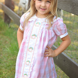Proper Pumpkins Pink Gingham A-Line Dress with Pumpkin Embroidery