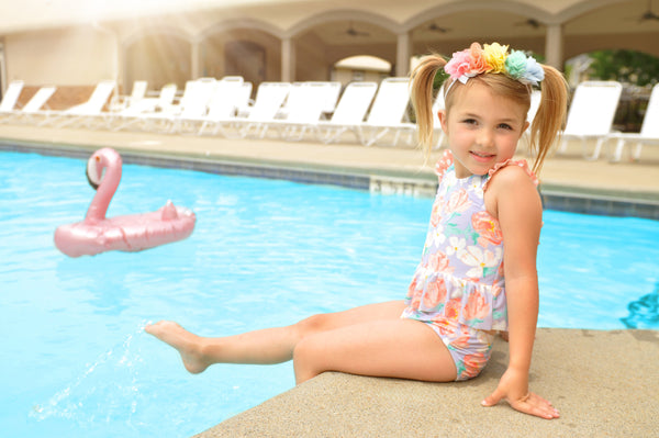 Dahlia Bow Back Two Piece Lavender Floral Print Swim Suit Set