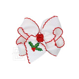 Embroidered Christmas Tree Holly Crochet Bow Edge Bow: White w/ Red Crochet Edge / 4.5" Large