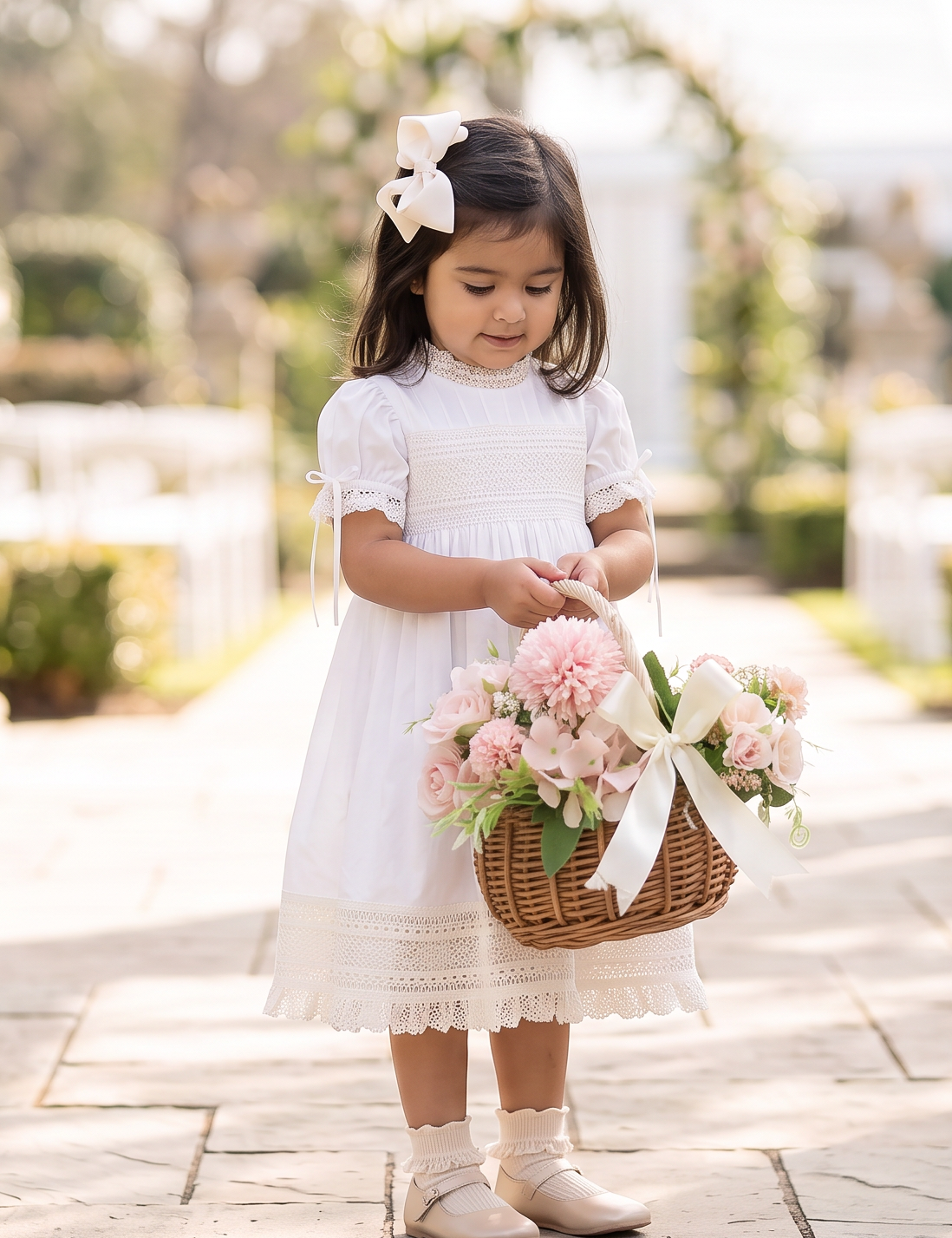 A young girl in a white dress stands in a sunlit outdoor walkway between columns, holding a wicker basket filled with pink flowers and tied with a white ribbon.