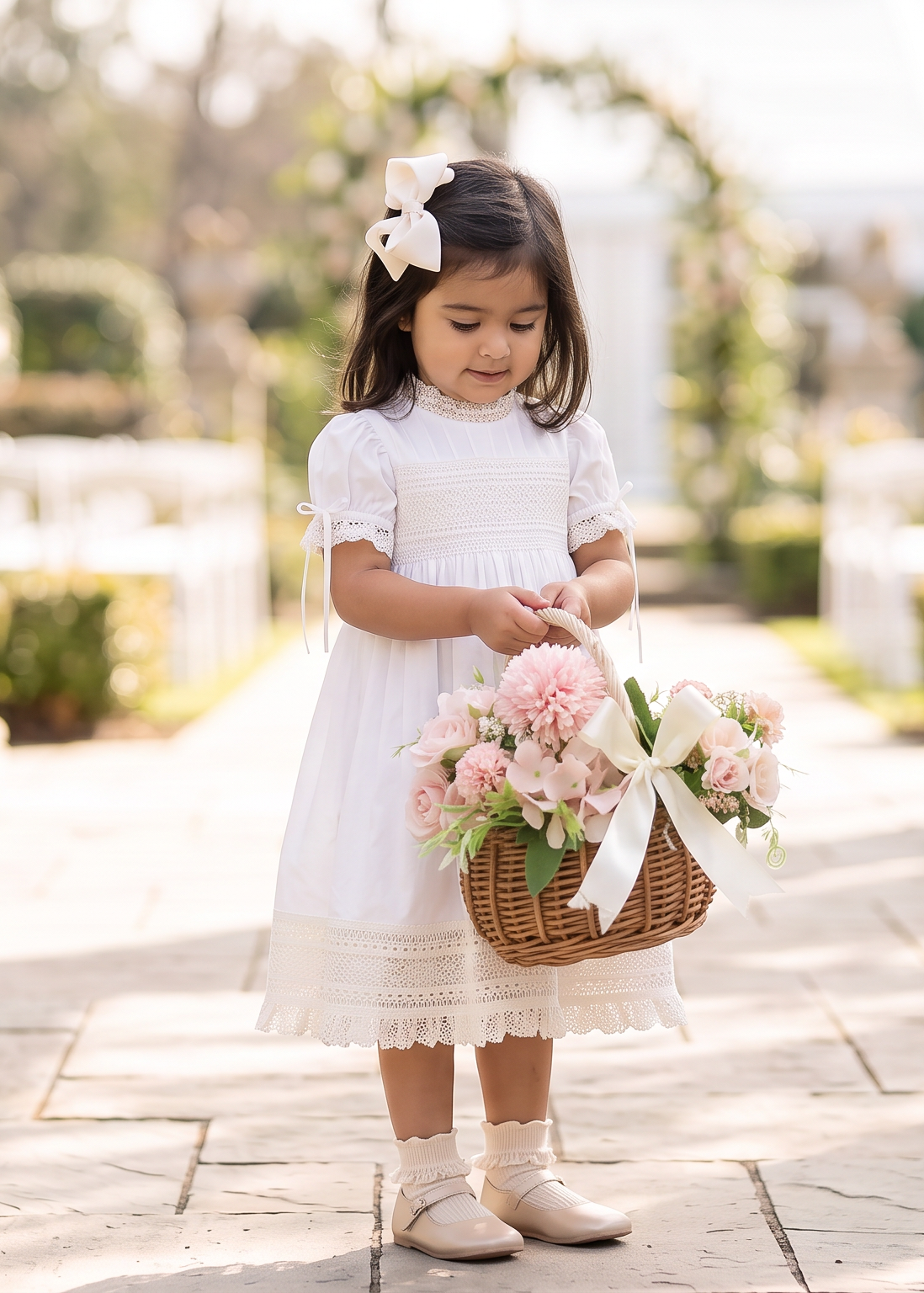 A young girl in a white dress stands in a sunlit outdoor walkway between columns, holding a wicker basket filled with pink flowers and tied with a white ribbon.