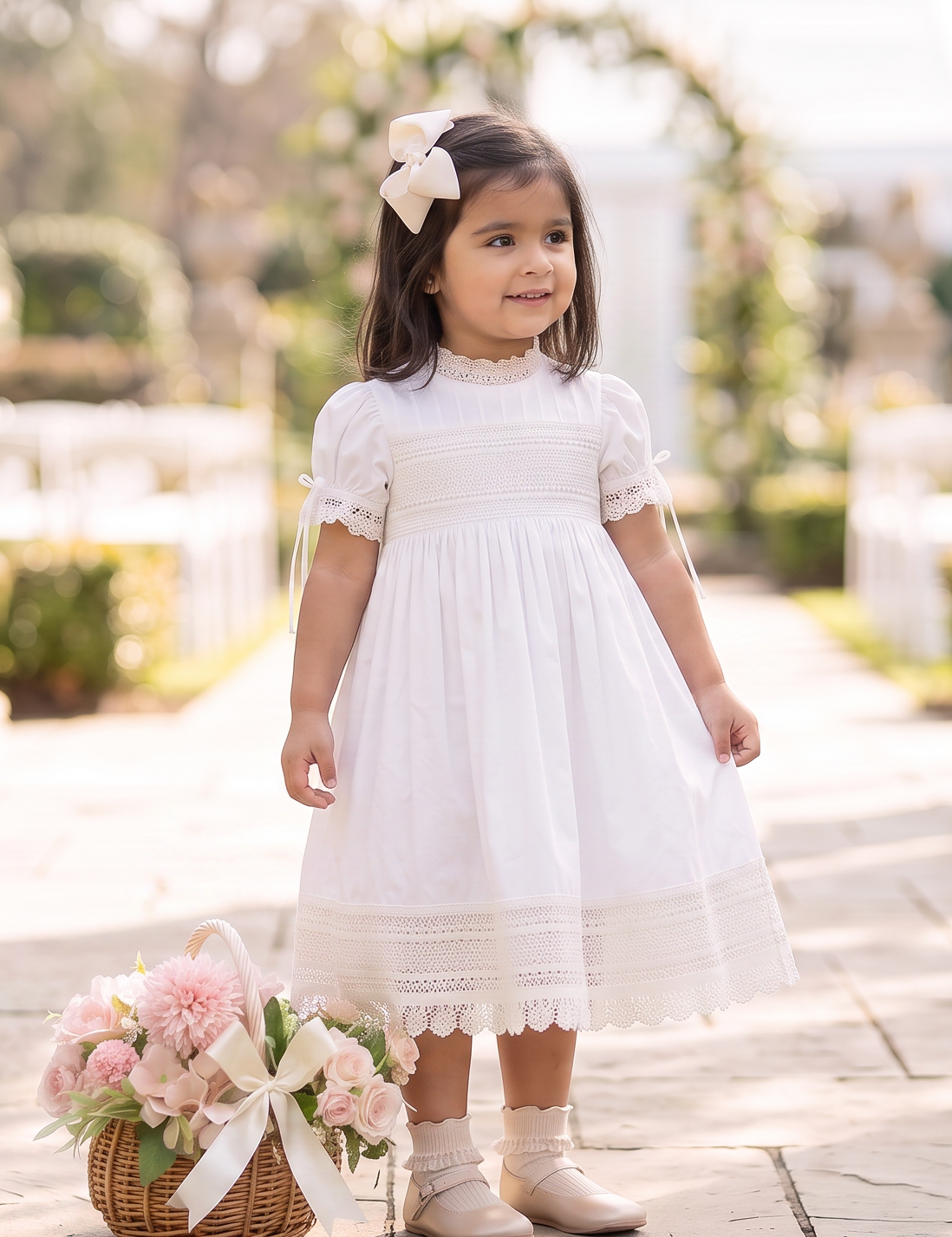 A young girl stands in a sunlit outdoor walkway between columns, wearing a white short-sleeve dress with lace trim and holding a woven basket of pink flowers.