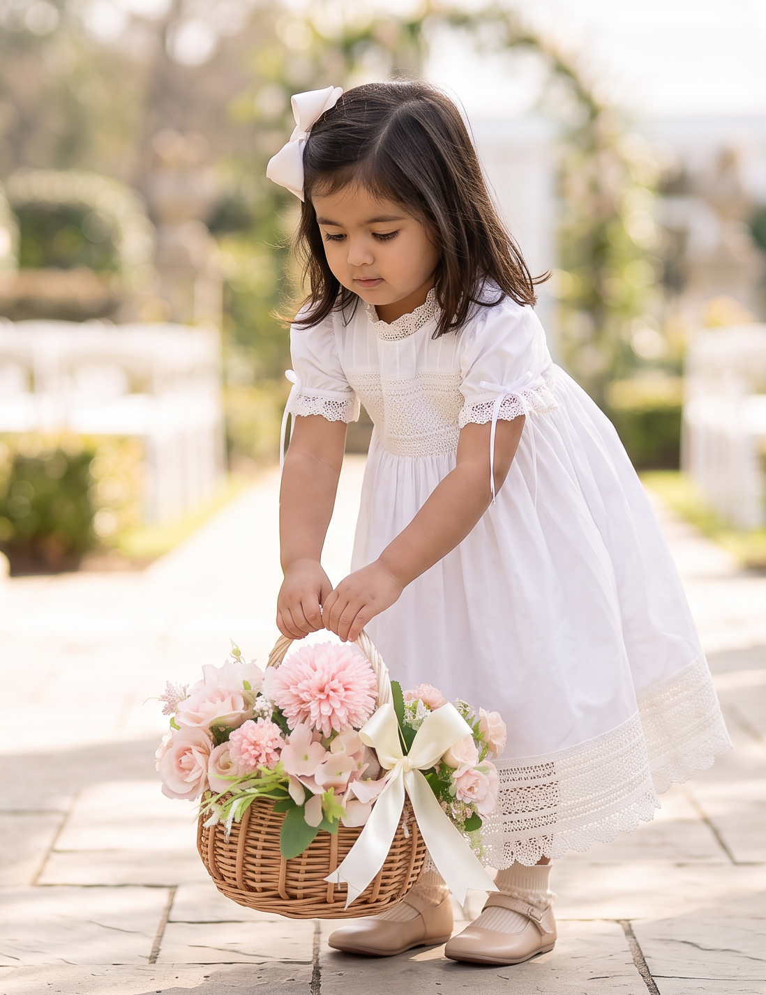 A young girl in a white dress stands in a garden walkway holding a wicker basket filled with pink flowers. The background features blurred stone columns and greenery.