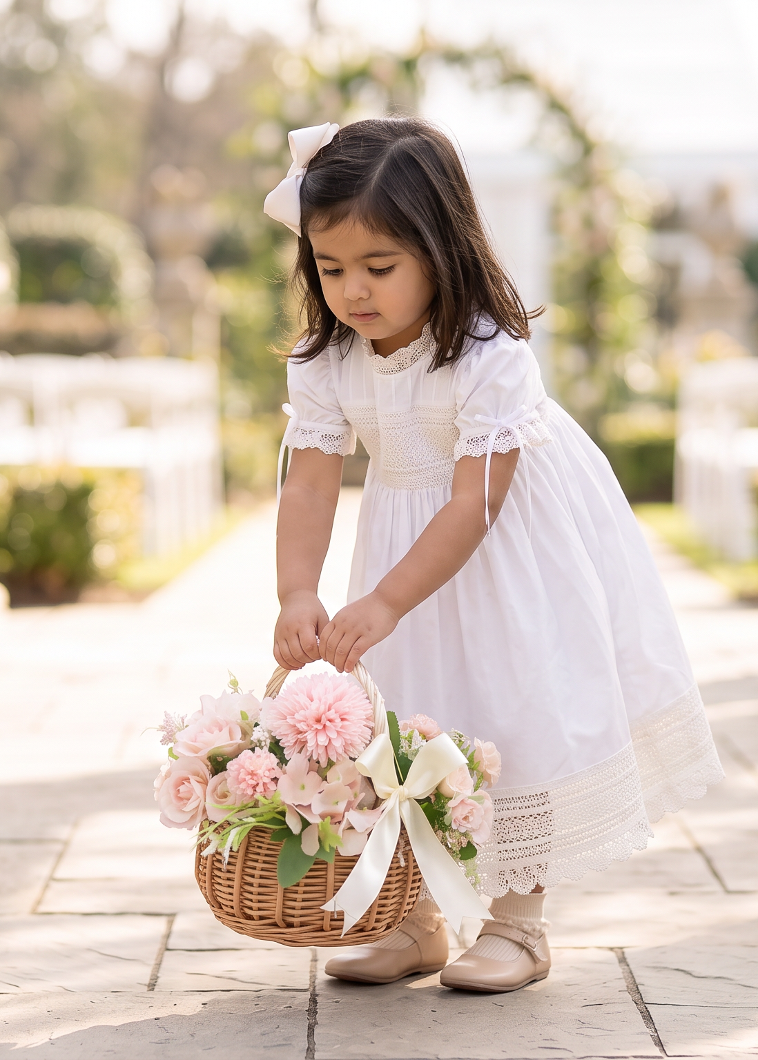 A young girl in a white dress stands in a garden walkway holding a wicker basket filled with pink flowers. The background features blurred stone columns and greenery.