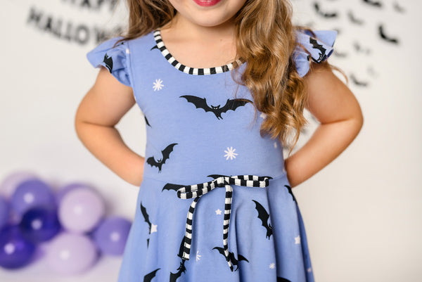 Batty Purple Knit Bat Print Swing Dress with Black and White Stripe Ruffle