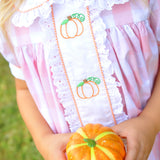 Proper Pumpkins Pink Gingham A-Line Dress with Pumpkin Embroidery