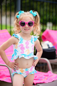 Seahorse Print Ruffle Two Piece Swim Suit Set