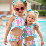 Seahorse Print Ruffle Two Piece Swim Suit Set