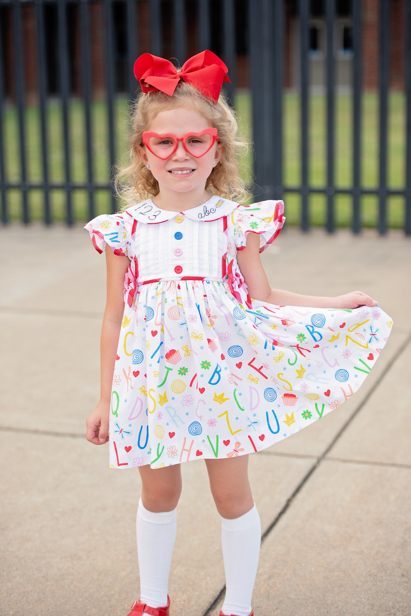 ABCs & 123s Alphabet Print Embroidered Collar Dress poshpickle.com ABCs & 123s Alphabet Print Embroidered Collar Dress poshpickle.com