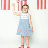 God Bless the USA Seersucker Check Embroidered Kick Pleat Dress