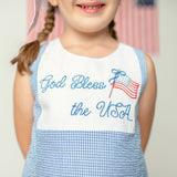 God Bless the USA Seersucker Check Embroidered Kick Pleat Dress