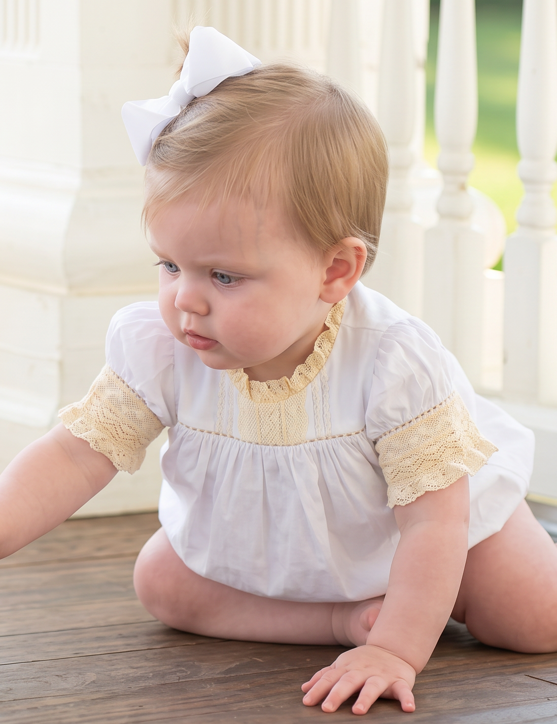 A baby girl wearing a white and yellow dress crawls on a wooden porch floor, reaching toward a small green leaf. She has a white bow in her hair, with a white railing and green garden background.