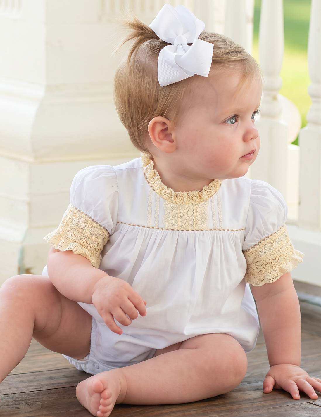 A baby girl sitting on a wooden porch wearing a white smocked bodysuit with yellow lace sleeves and a white bow in her hair, looking to the side.