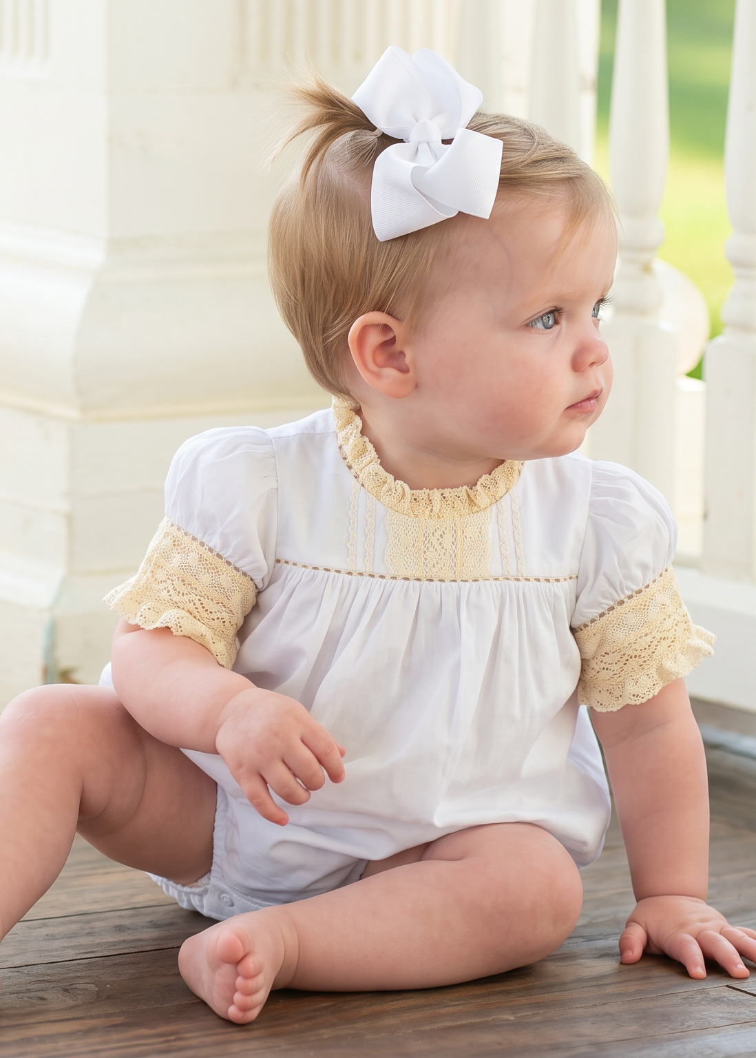 A baby girl sitting on a wooden porch wearing a white smocked bodysuit with yellow lace sleeves and a white bow in her hair, looking to the side.