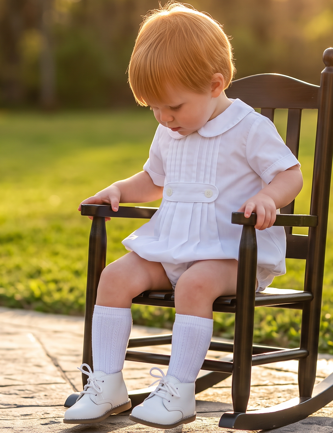 A toddler with strawberry-blonde hair sits in a miniature dark wooden rocking chair on a stone patio in a sunny backyard. The child is wearing a white short-sleeve dress, white socks, and white shoes.