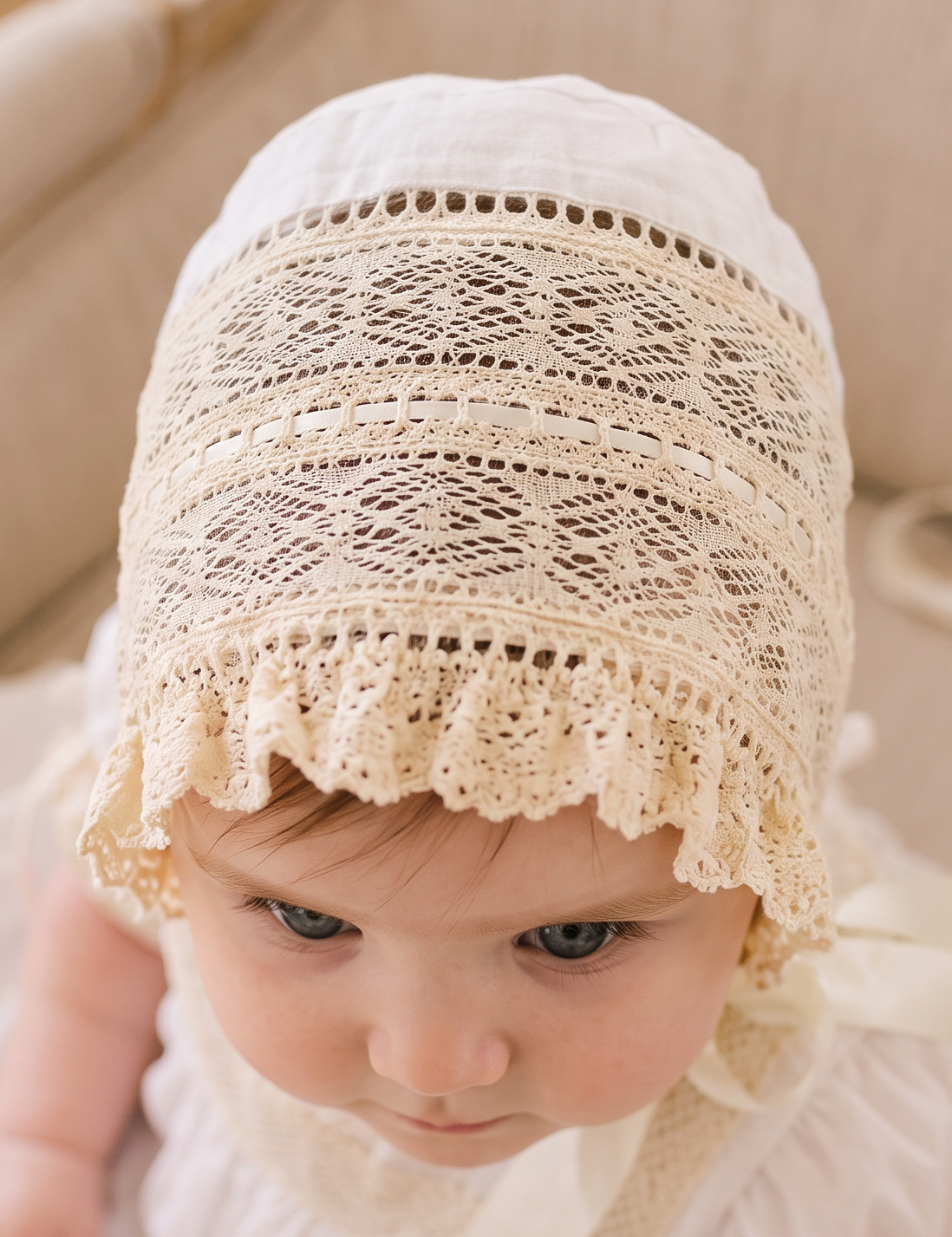 A baby wearing a cream-colored lace bonnet with ribbon ties, sitting on a beige upholstered chair.
