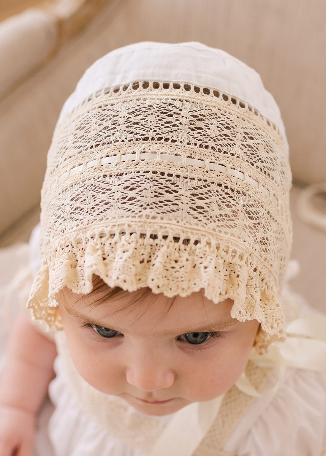 A baby wearing a cream-colored lace bonnet with ribbon ties, sitting on a beige upholstered chair.