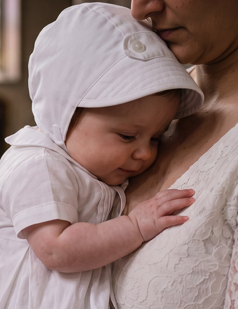 A baby in a white baptism gown and matching bonnet held by a woman in a white lace dress inside a church, with a stone baptismal font in the background.