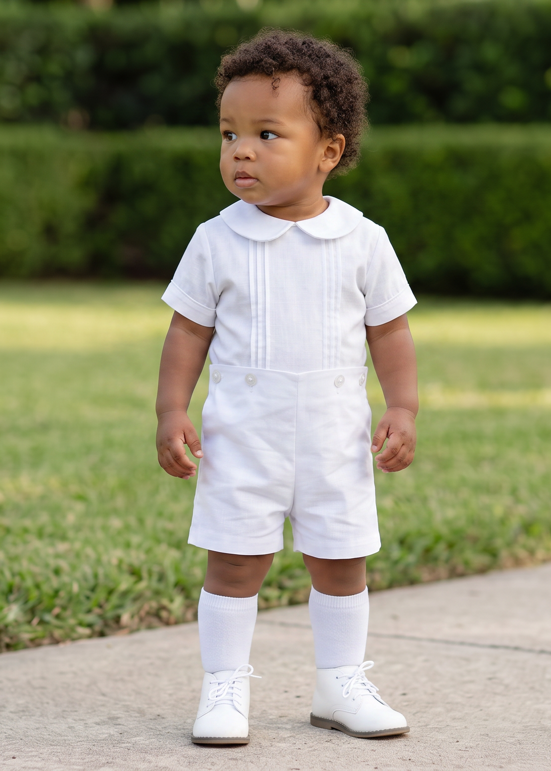 A toddler standing on a concrete path in a grassy yard, wearing a white short-sleeve collared romper with white knee-length socks and white shoes.
