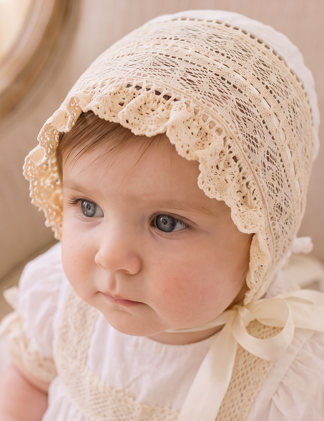 A baby wearing a cream lace bonnet and matching cream dress, sitting on a beige upholstered armchair in a softly lit indoor setting.