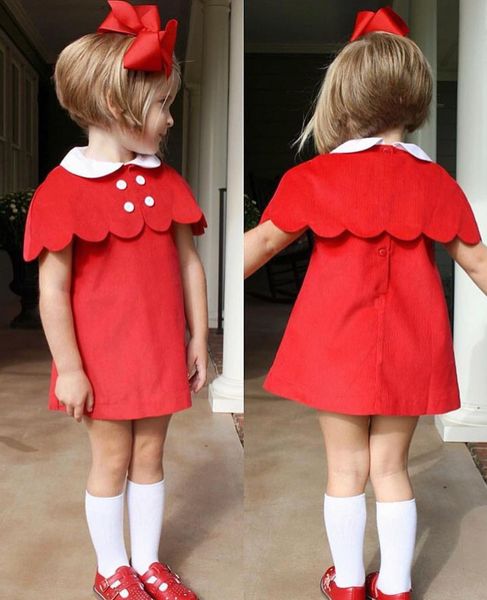 PREORDER - The Capelet Dress in Evelyn - Red Pinwale Corduroy