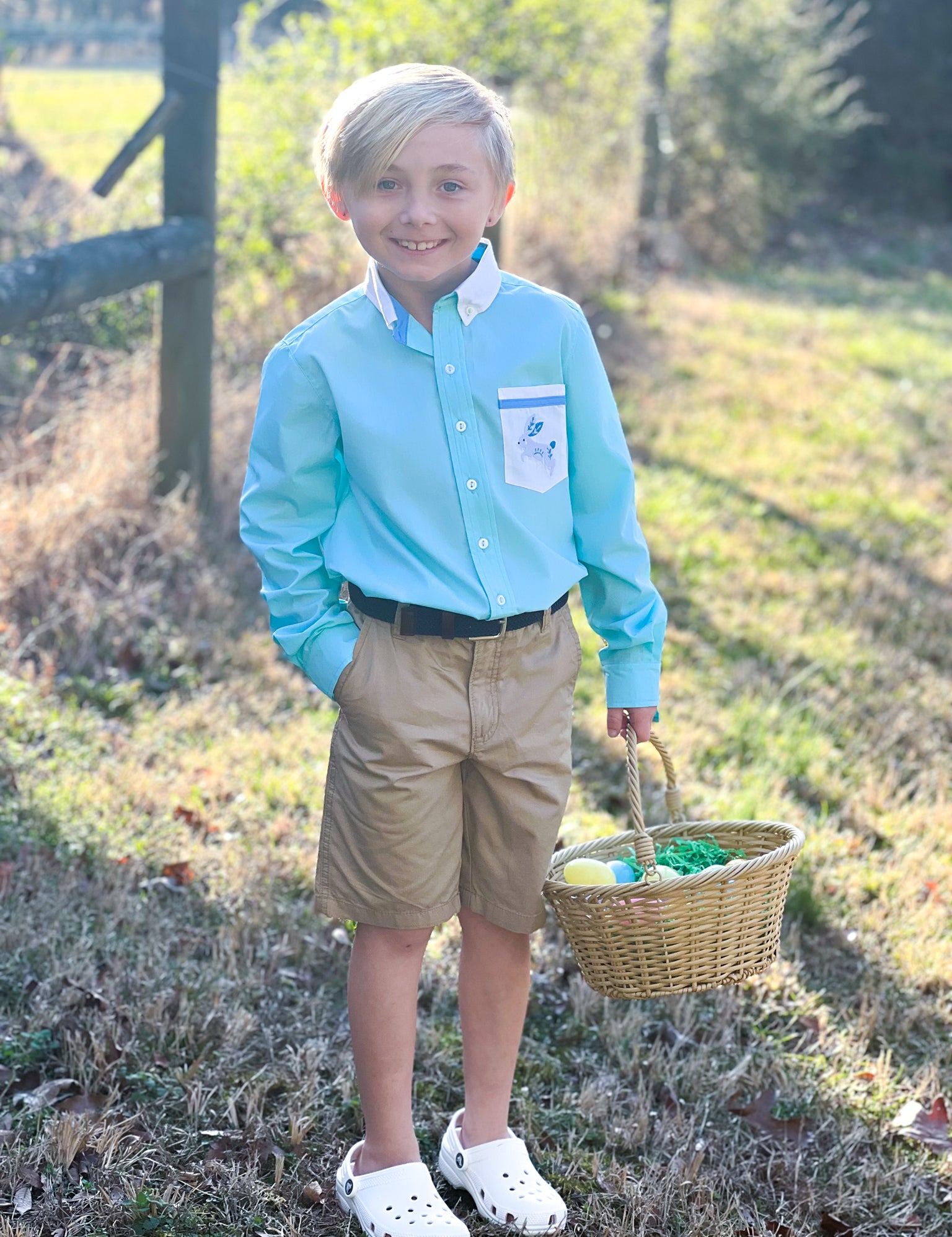 Le Petit Lapin Boys' Embroidered Bunny Pocket Collared Shirt