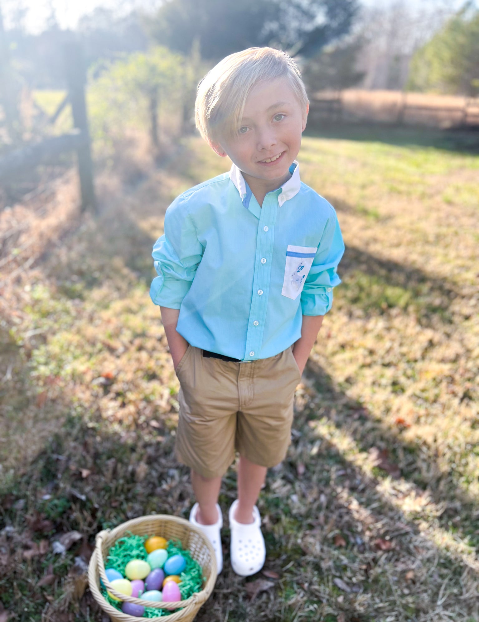 Le Petit Lapin Boys' Embroidered Bunny Pocket Collared Shirt