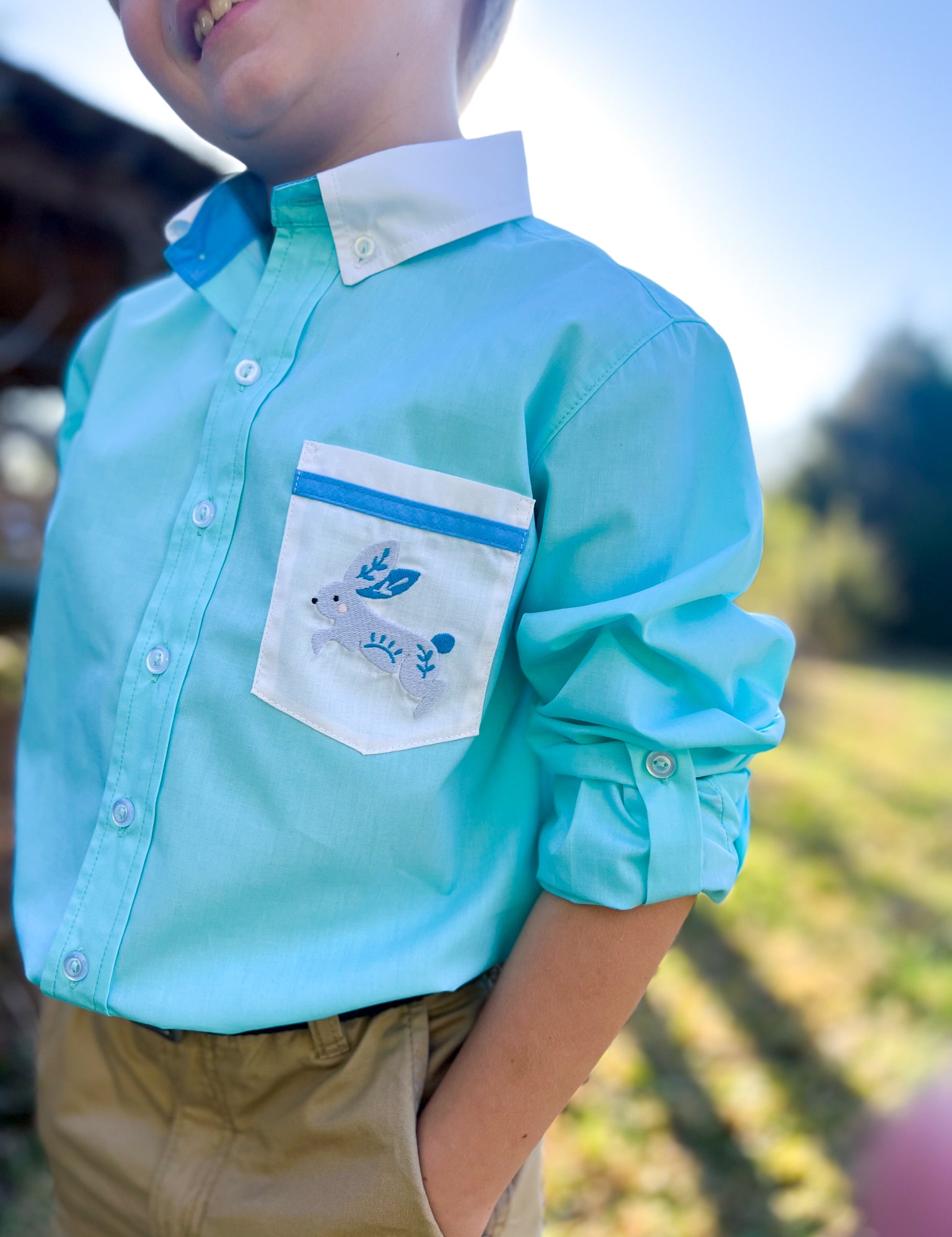Le Petit Lapin Boys' Embroidered Bunny Pocket Collared Shirt