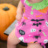 Boo! Pink Knit Halloween Print Bubble with Lime Green Ruffle Collar