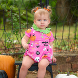 Boo! Pink Knit Halloween Print Bubble with Lime Green Ruffle Collar