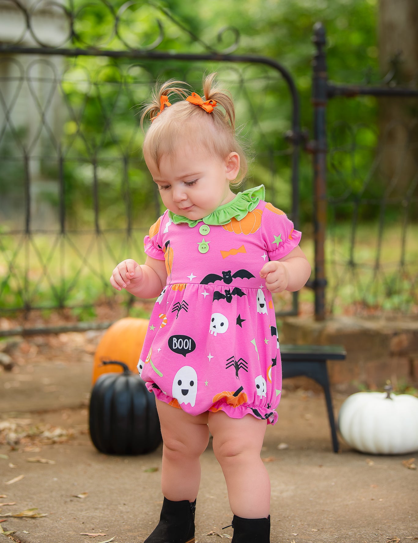 Boo! Pink Knit Halloween Print Bubble with Lime Green Ruffle Collar