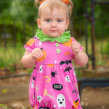 Boo! Pink Knit Halloween Print Bubble with Lime Green Ruffle Collar