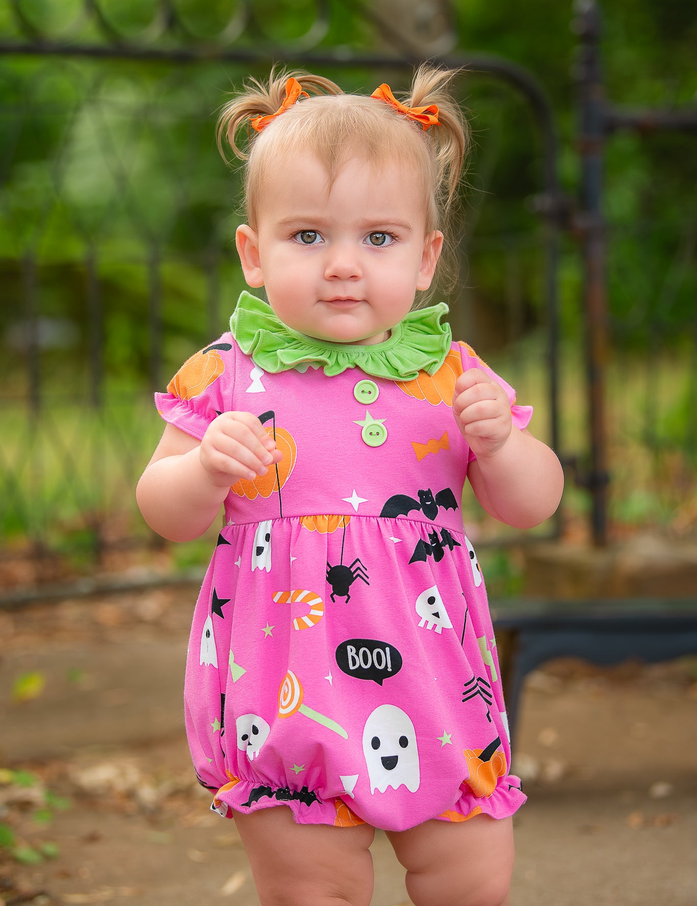 Boo! Pink Knit Halloween Print Bubble with Lime Green Ruffle Collar