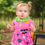 Boo! Pink Knit Halloween Print Bubble with Lime Green Ruffle Collar