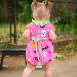 Boo! Pink Knit Halloween Print Bubble with Lime Green Ruffle Collar