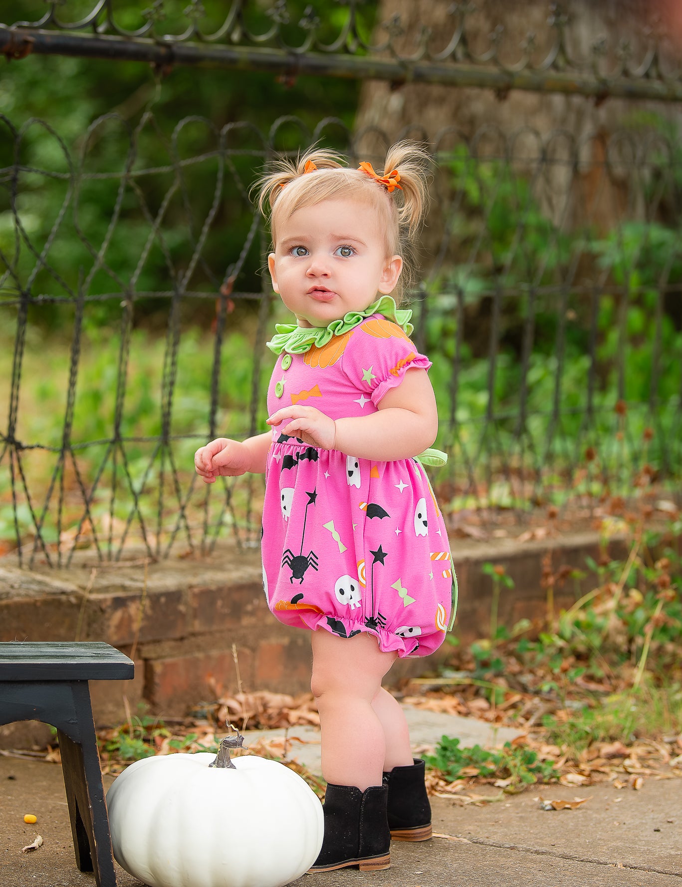 Boo! Pink Knit Halloween Print Bubble with Lime Green Ruffle Collar