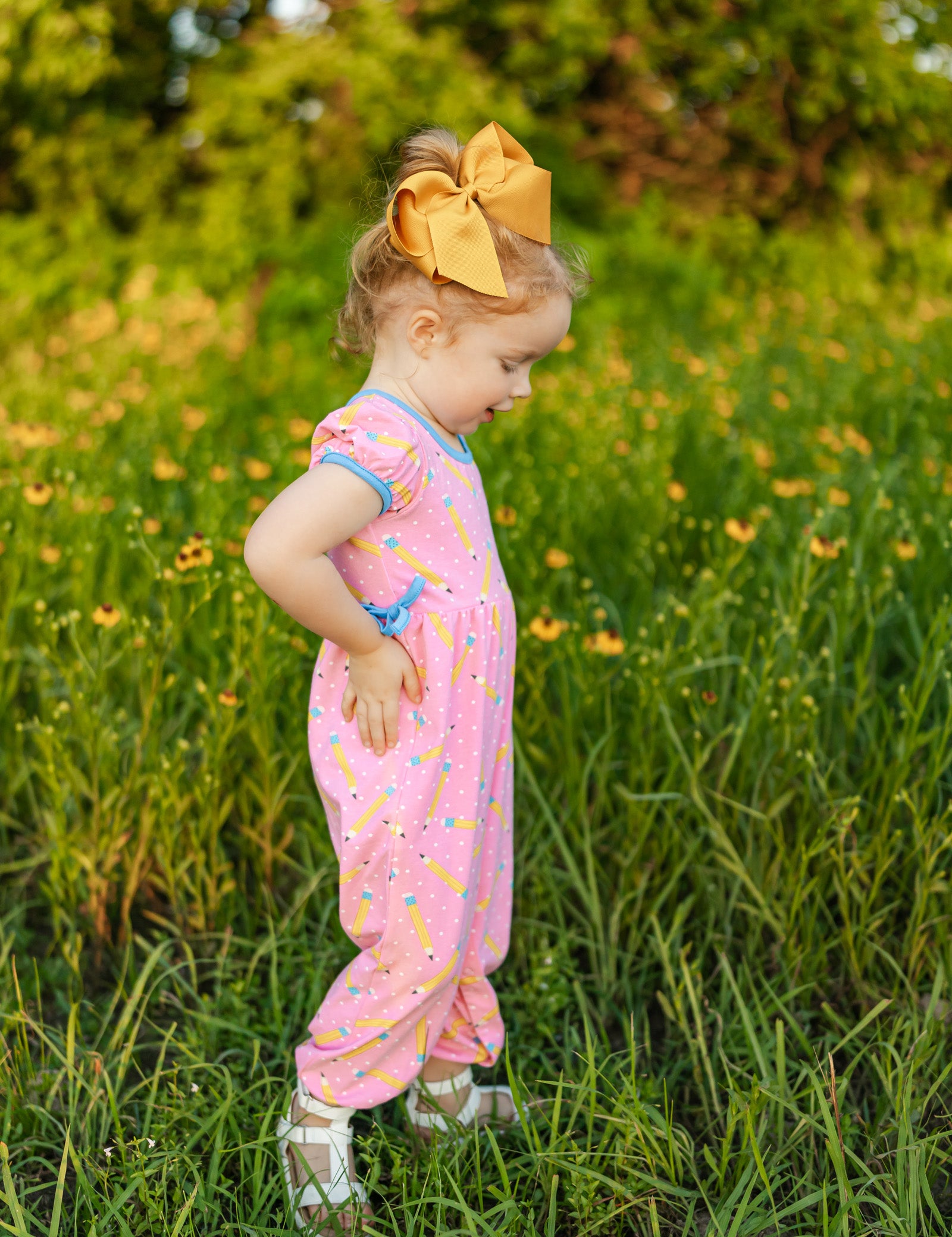 First Day Pink Knit Pencil Print Romper