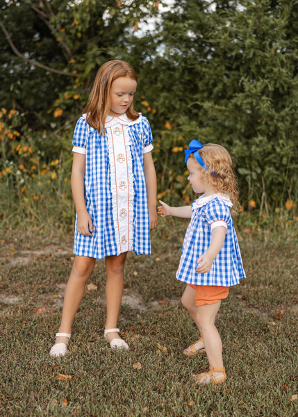 Thankful Navy Gingham A-Line Dress and Bloomer Set with Turkey Embroidery