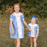 Thankful Navy Gingham A-Line Dress with Turkey Embroidery