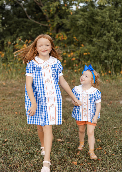 Thankful Navy Gingham A-Line Dress with Turkey Embroidery