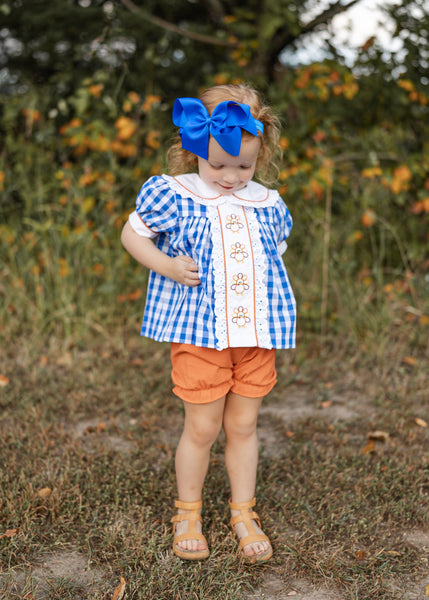 Thankful Navy Gingham A-Line Dress and Bloomer Set with Turkey Embroidery