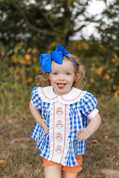 Thankful Navy Gingham A-Line Dress and Bloomer Set with Turkey Embroidery