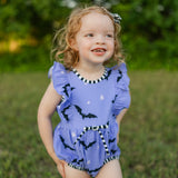 Batty Purple Knit Bat Print Bubble with Black and White Stripe Trim