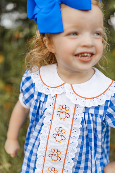 Thankful Navy Gingham A-Line Dress and Bloomer Set with Turkey Embroidery