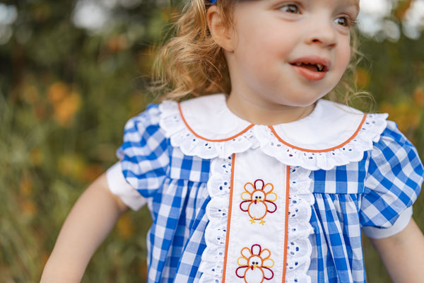 Thankful Navy Gingham A-Line Dress and Bloomer Set with Turkey Embroidery