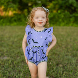 Batty Purple Knit Bat Print Bubble with Black and White Stripe Trim