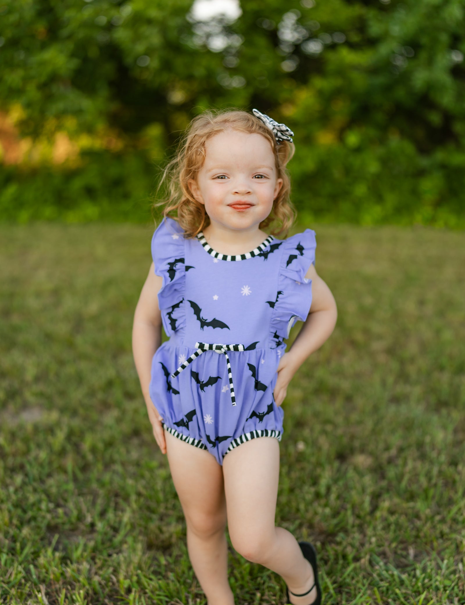 Batty Purple Knit Bat Print Bubble with Black and White Stripe Trim
