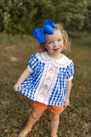 Thankful Navy Gingham A-Line Dress and Bloomer Set with Turkey Embroidery