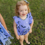 Batty Purple Knit Bat Print Bubble with Black and White Stripe Trim