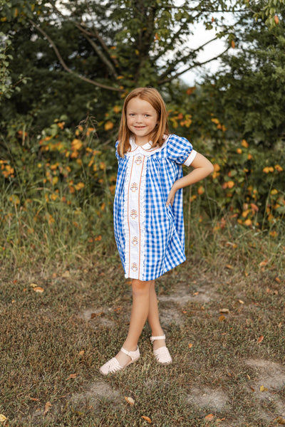 Thankful Navy Gingham A-Line Dress with Turkey Embroidery